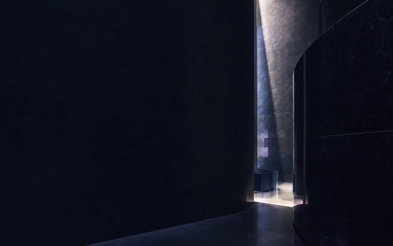 Monumental midnight architecture illuminated by a narrow pearlescent light