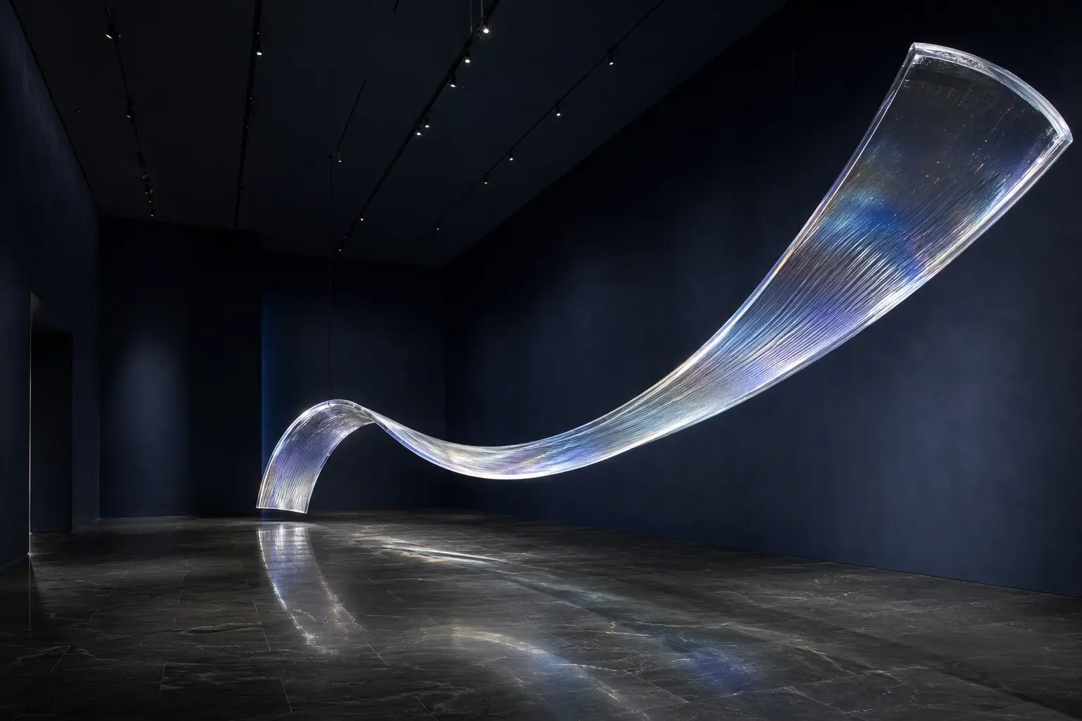 A translucent pearlescent glass sculpture suspended in a midnight gallery